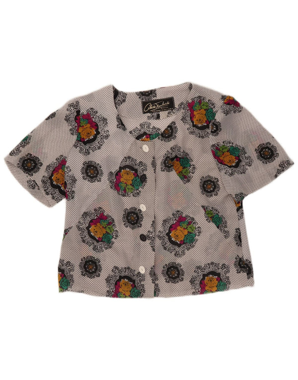 Blusa feminina vintage manga curta cropped UK 14 cinza médio floral