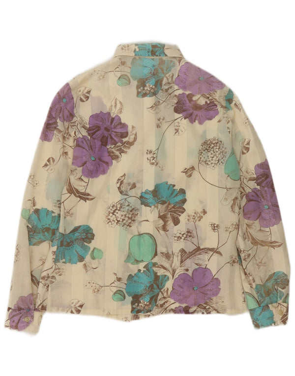 Blusa feminina vintage transparente Reino Unido 10 pequena floral multicolorida