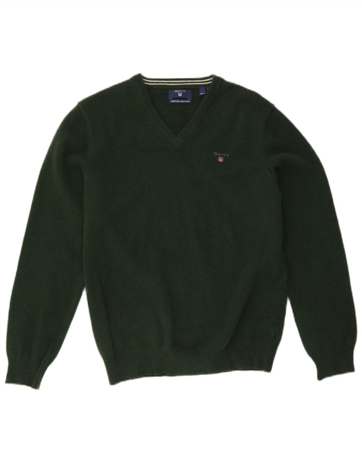 Suéter masculino Gant com decote em V de lã de cordeiro verde médio