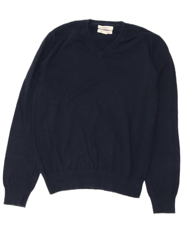 Suéter masculino Marks & Spencer com decote em V, algodão azul marinho médio