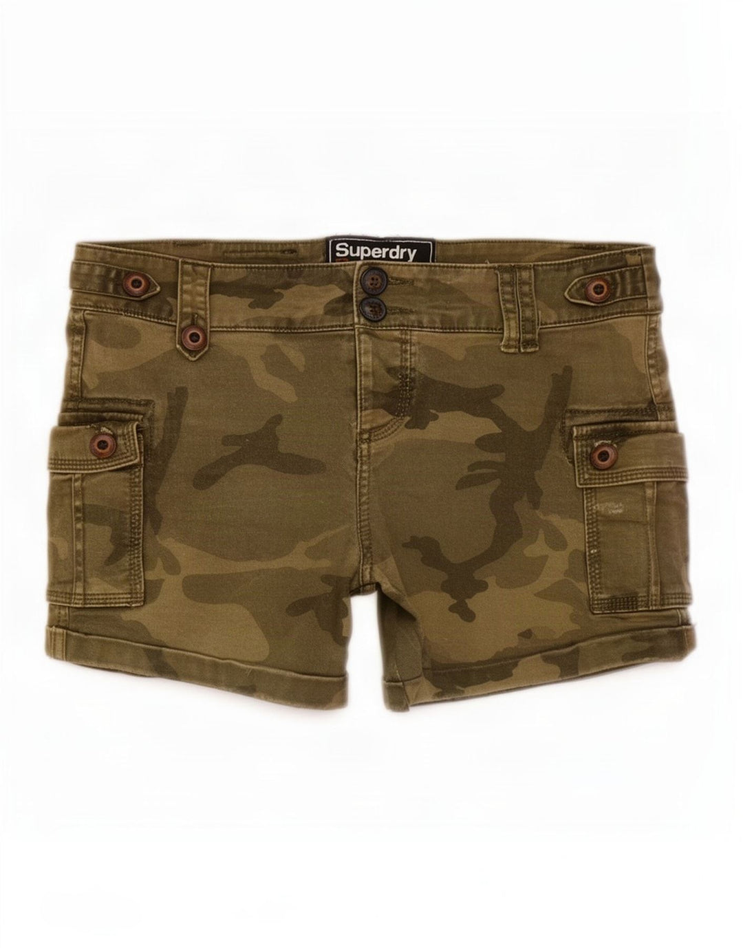 Shorts cargo feminino Superdry pequeno W30 algodão camuflado verde