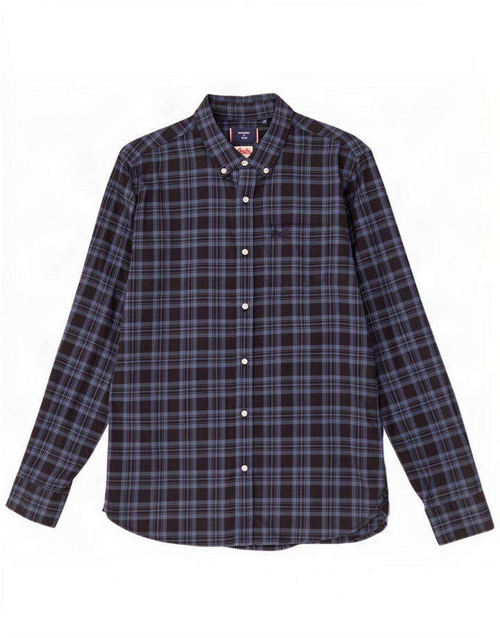 Camisa masculina Superdry de flanela média azul marinho xadrez algodão