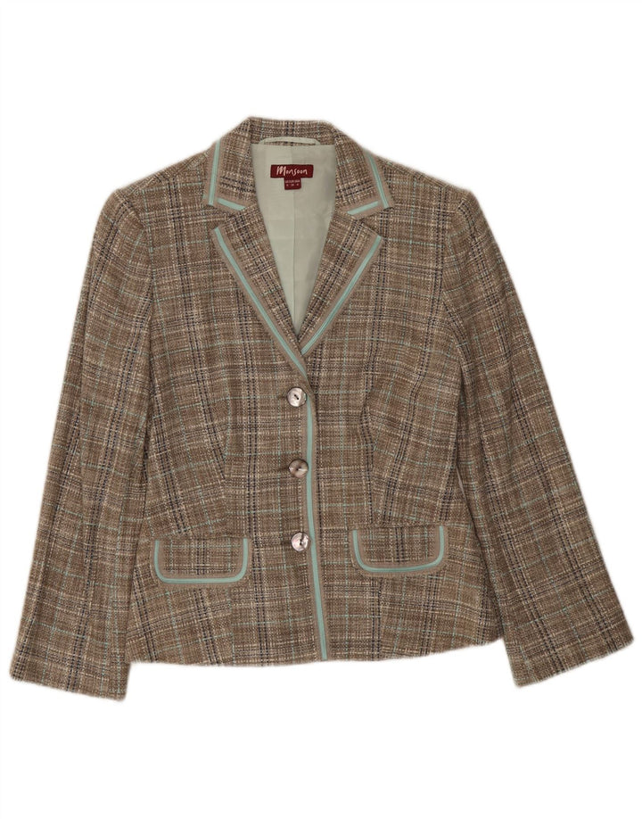 Jaqueta blazer feminina Monsoon com 3 botões Reino Unido 8 pequena seda xadrez verde