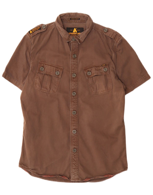 Camisa militar masculina Superdry de manga curta grande algodão marrom militar