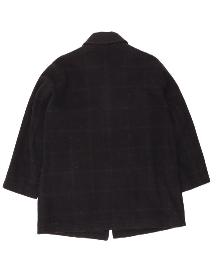 Sobretudo de esqui feminino vintage Reino Unido 14 lã xadrez azul marinho médio