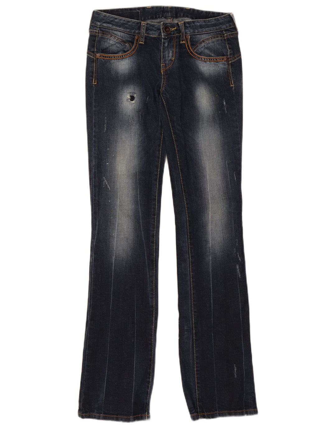 Benetton feminino jeans bootcut desgastado W26 L31 azul marinho