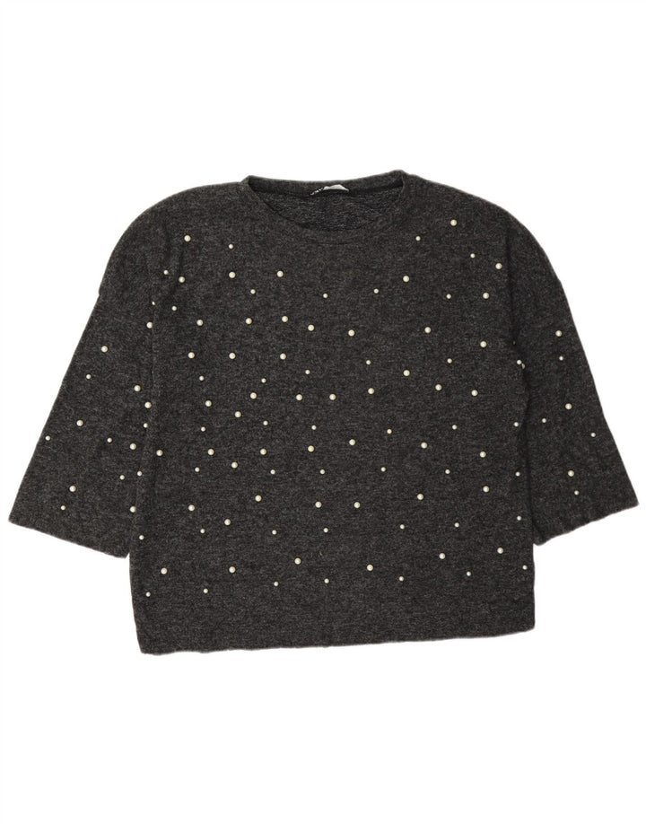Zara Top feminino oversized manga 3/4 Reino Unido 10 pequeno cinza manchado