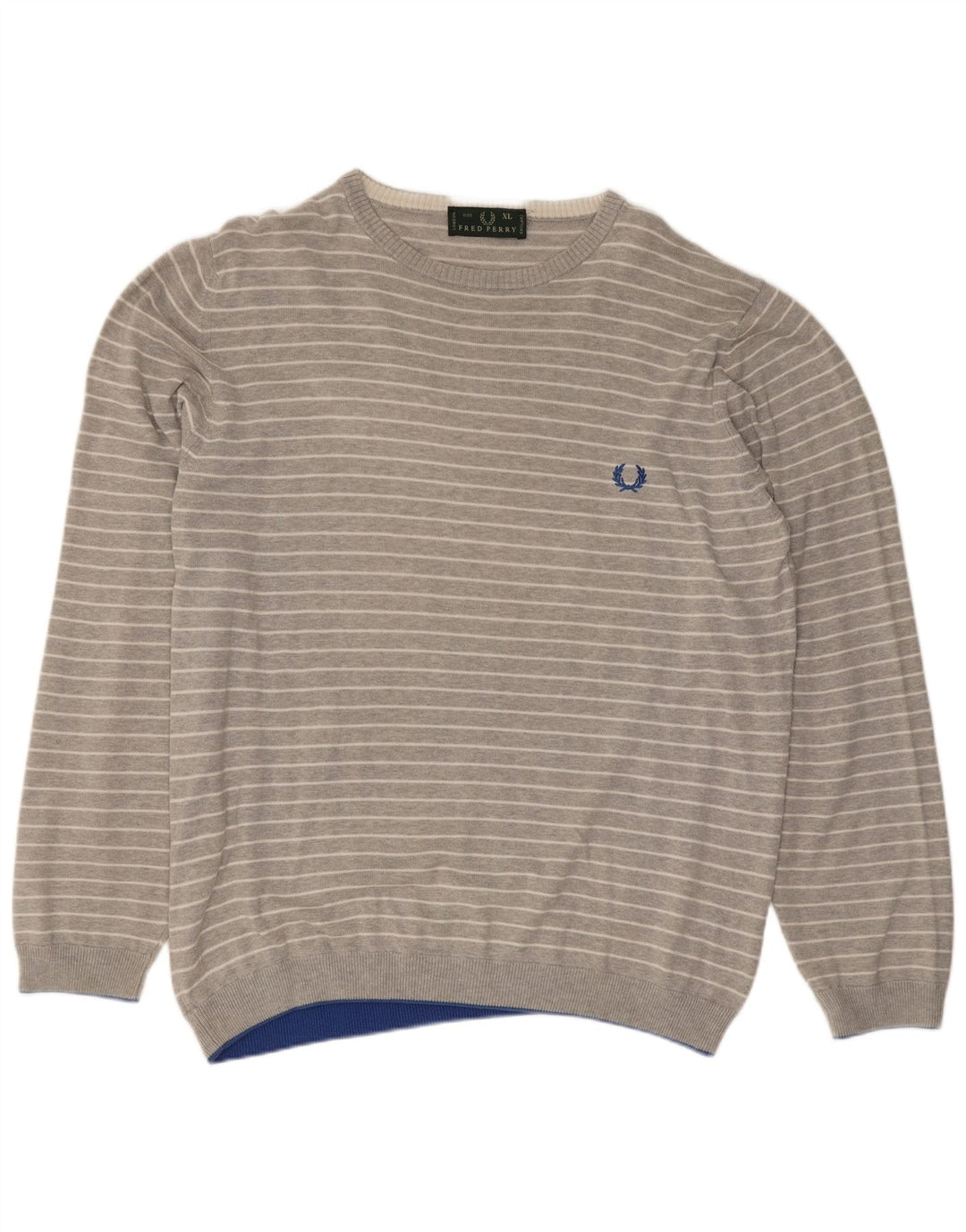 Fred Perry Suéter masculino com gola redonda XL algodão listrado cinza