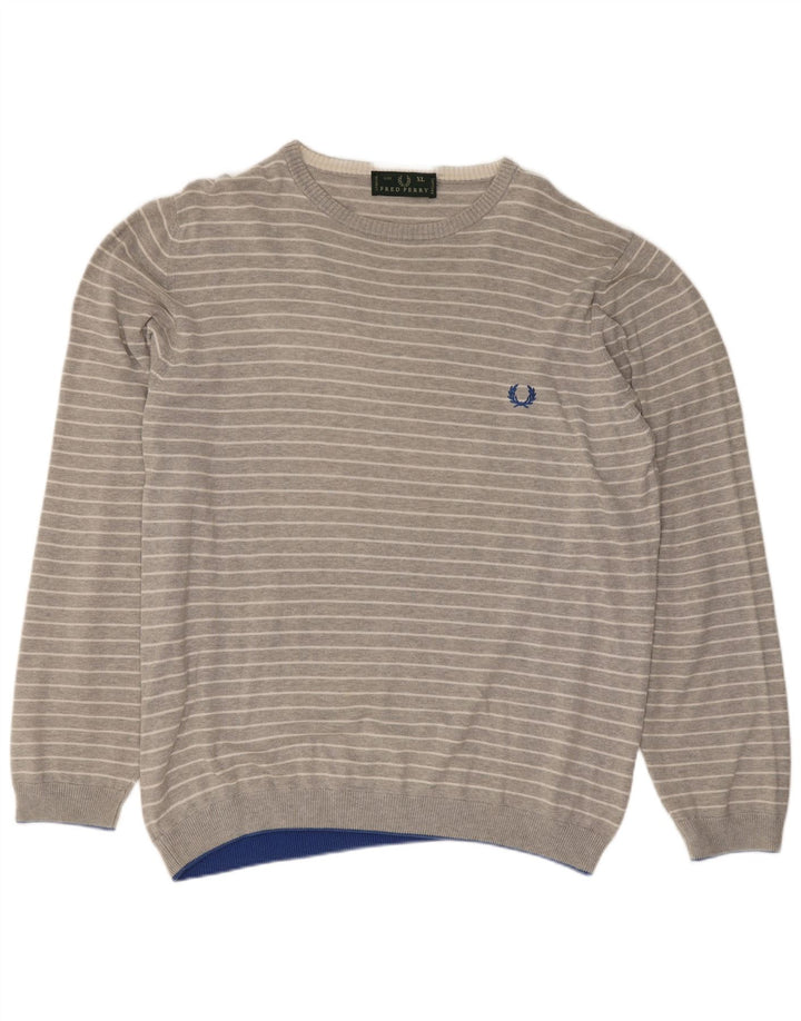 Fred Perry Suéter masculino com gola redonda XL algodão listrado cinza