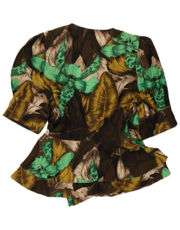 Blusa feminina VINTAGE manga curta IT 42 médio cáqui floral