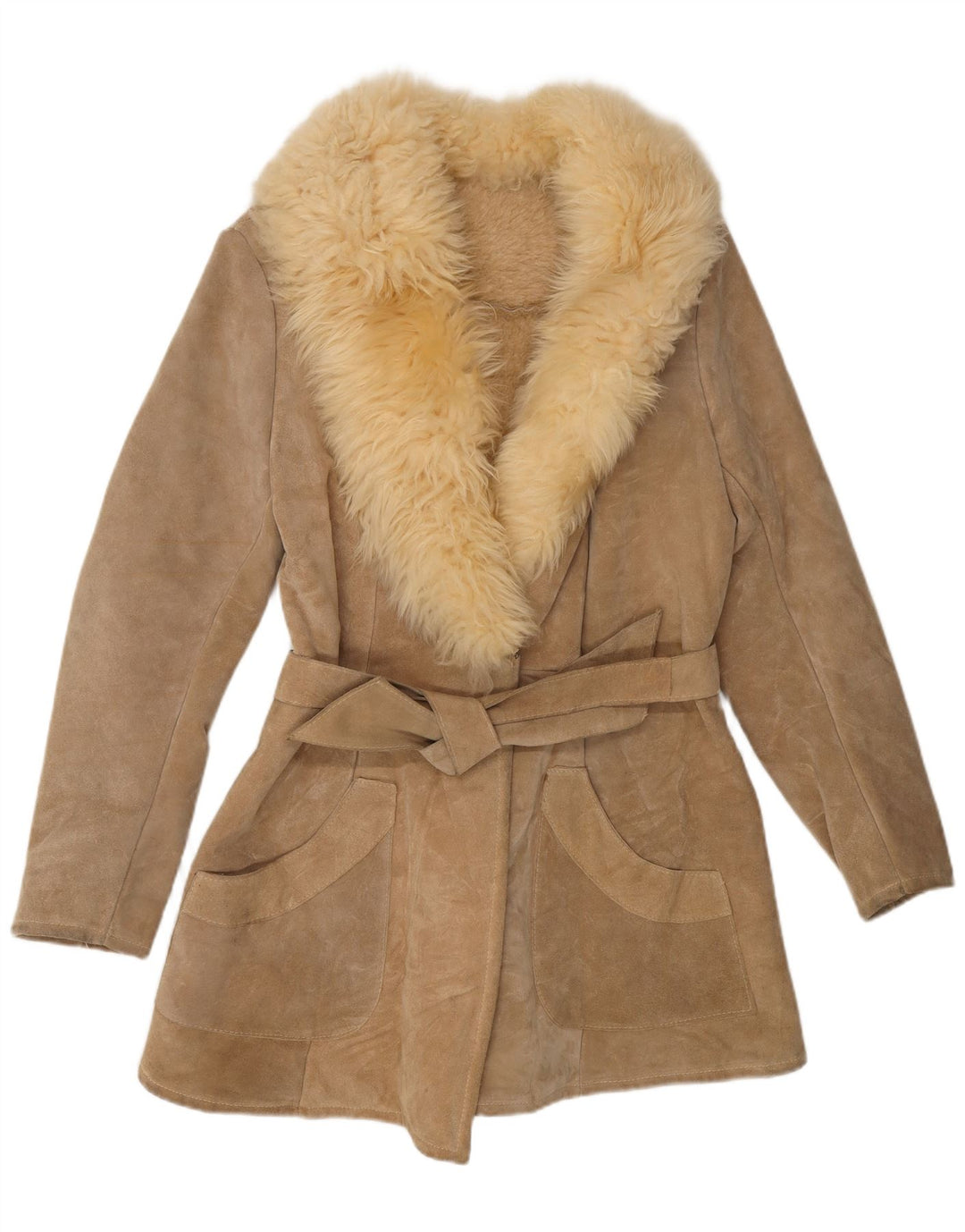 Casaco feminino vintage de shearling UK 10 pequeno bege