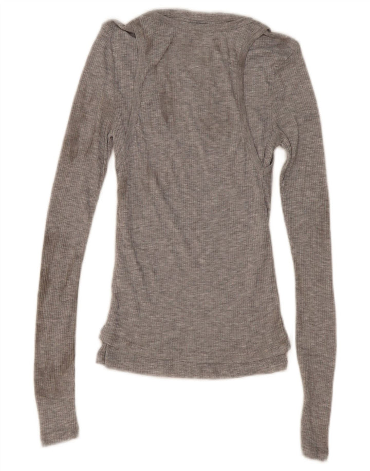 Top feminino Zara manga comprida UK 8 pequeno poliéster manchado cinza