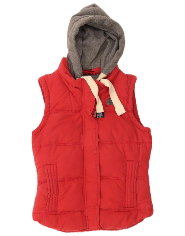 Colete acolchoado com capuz feminino Superdry UK 14 algodão colorblock vermelho médio