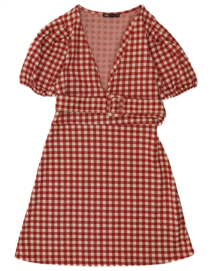 Vestido feminino Zara A-Line UK 8 pequeno poliéster vermelho guingão