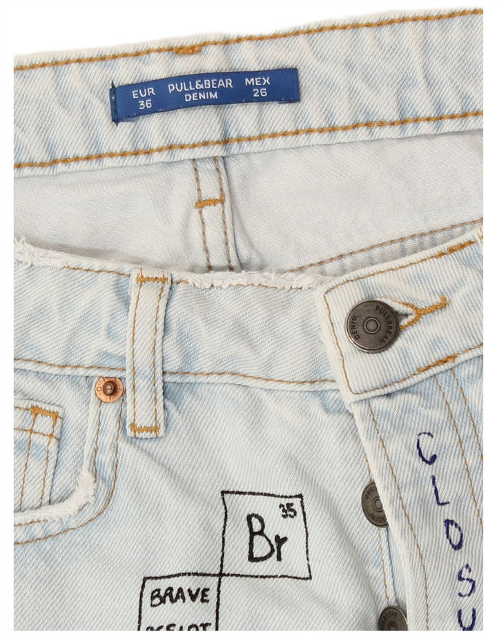 Shorts jeans feminino pull & Bear com estampa gráfica desgastada UE 36 XS W26 azul