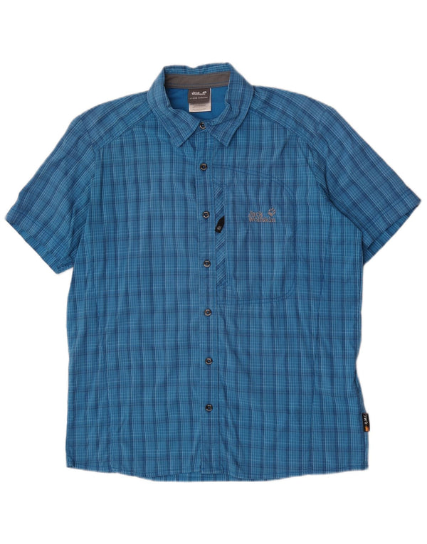 Camisa masculina de manga curta Jack Wolfskin UK 40/42 grande azul xadrez poliamida