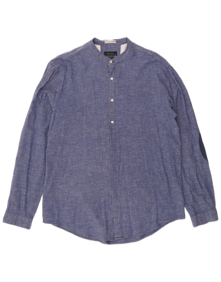Zara Mens Super Slim Fit Pulôver Camisa XL Azul Algodão