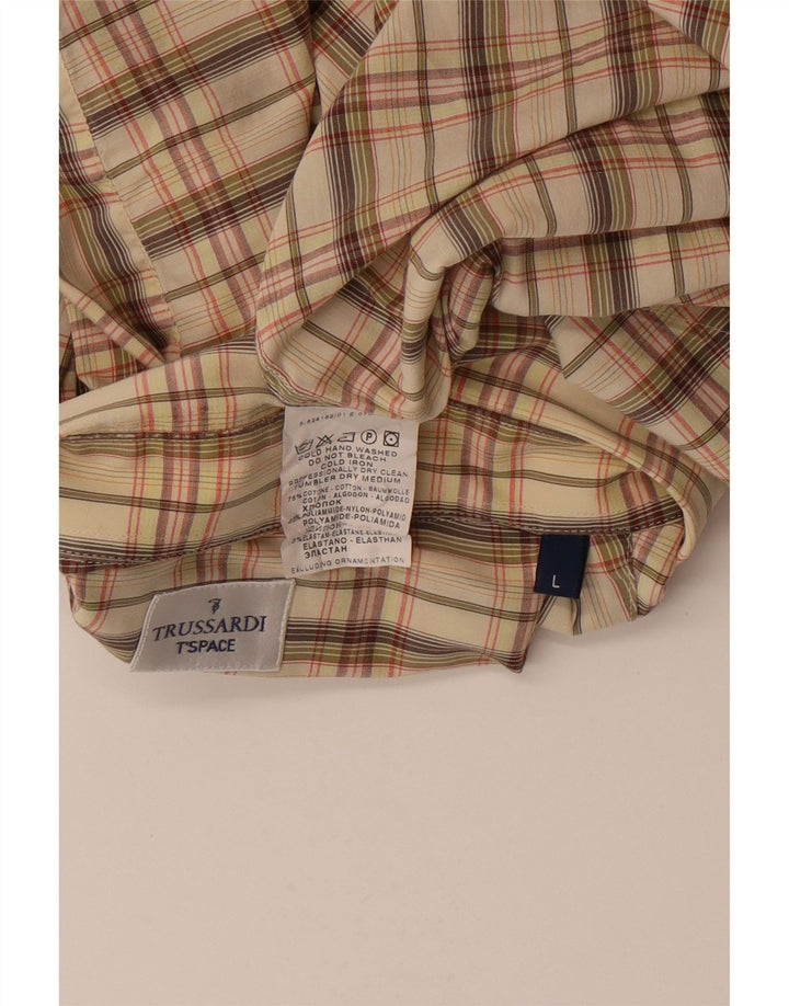 Trussardi Camisa masculina xadrez grande algodão xadrez bege