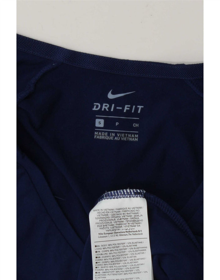 Nike feminino Dri Fit Top manga comprida UK 10 pequeno azul marinho poliéster