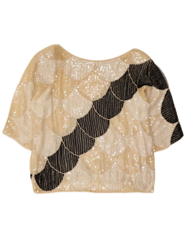 Blusa feminina vintage manga 3/4 top UK 16 grande bege geométrico