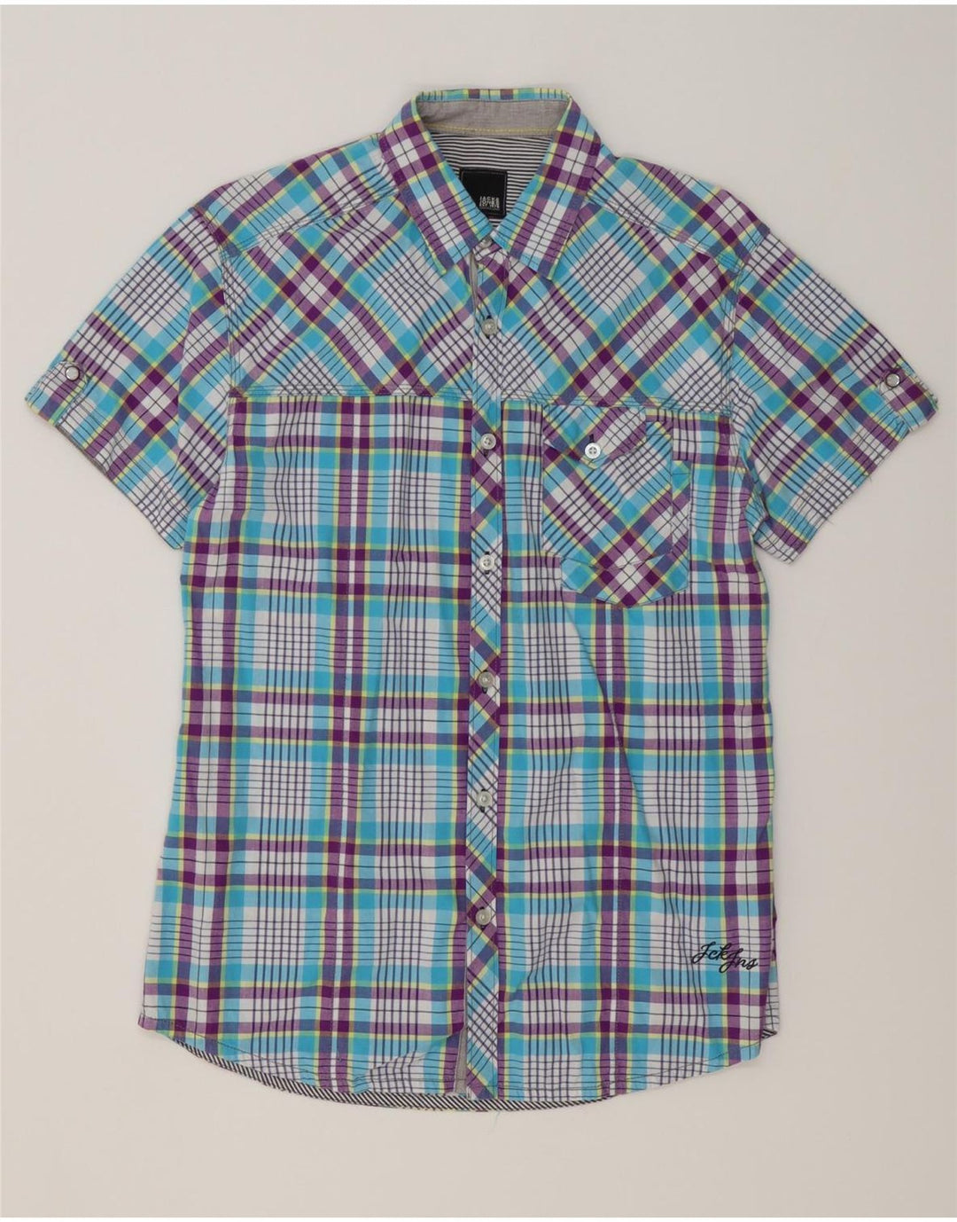 JACK & JONES Camisa masculina de manga curta de algodão xadrez azul médio