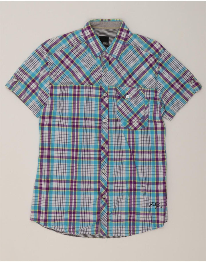 JACK & JONES Camisa masculina de manga curta de algodão xadrez azul médio
