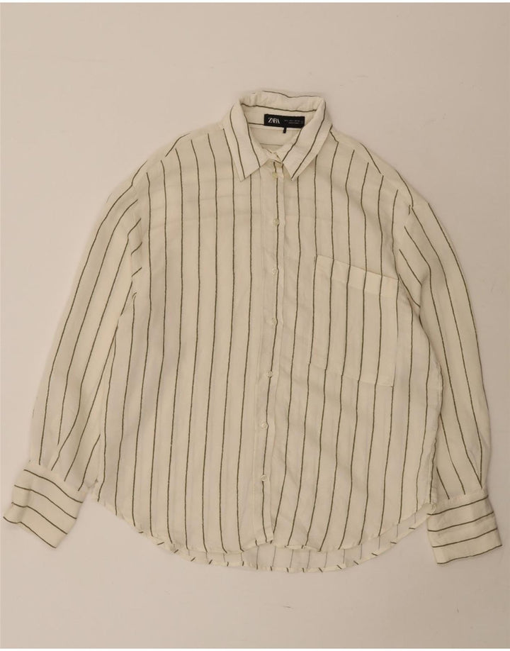 Camisa oversized feminina ZARA Reino Unido 10 pequeno modal listrado branco