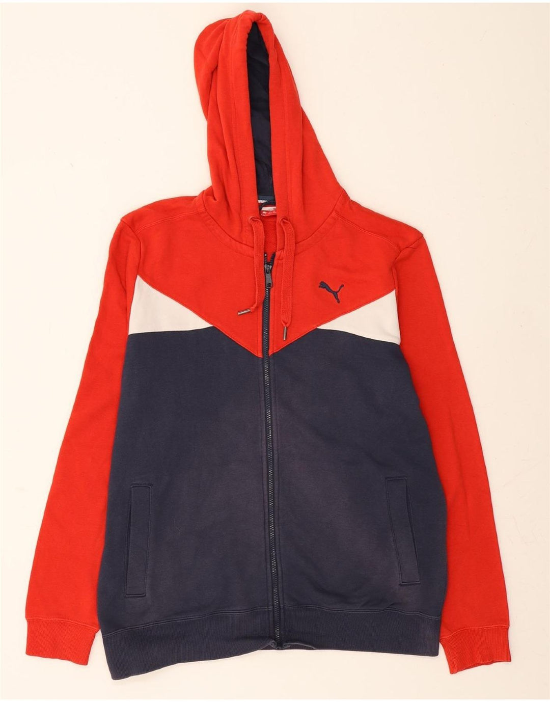 PUMA Mens Zip Hoodie Sweater Large Navy Blue Colourblock Cotton Vintage Puma and Second-Hand Puma from Messina Hembry 