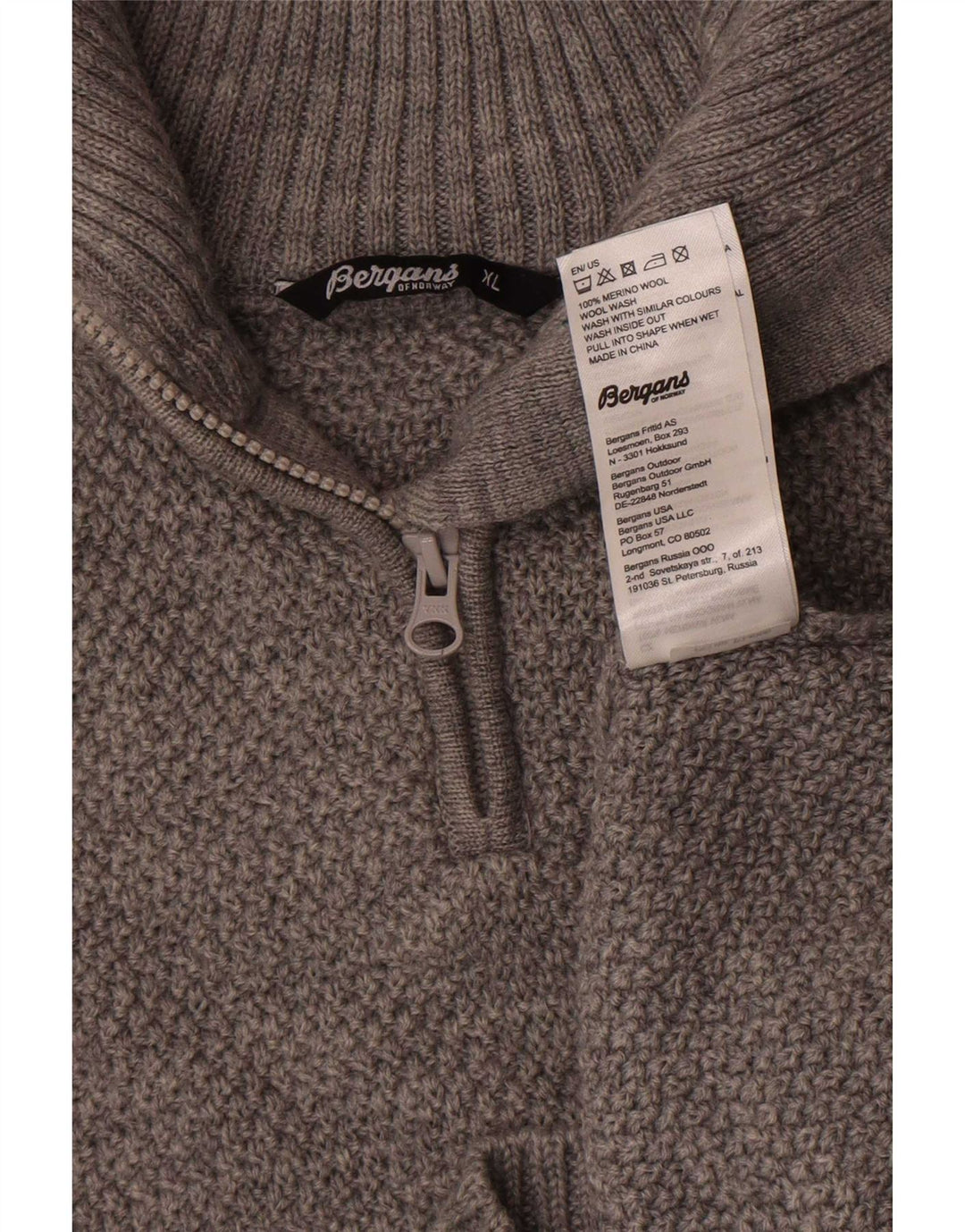 Suéter masculino Bergans com zíper e gola XL lã Merino cinza