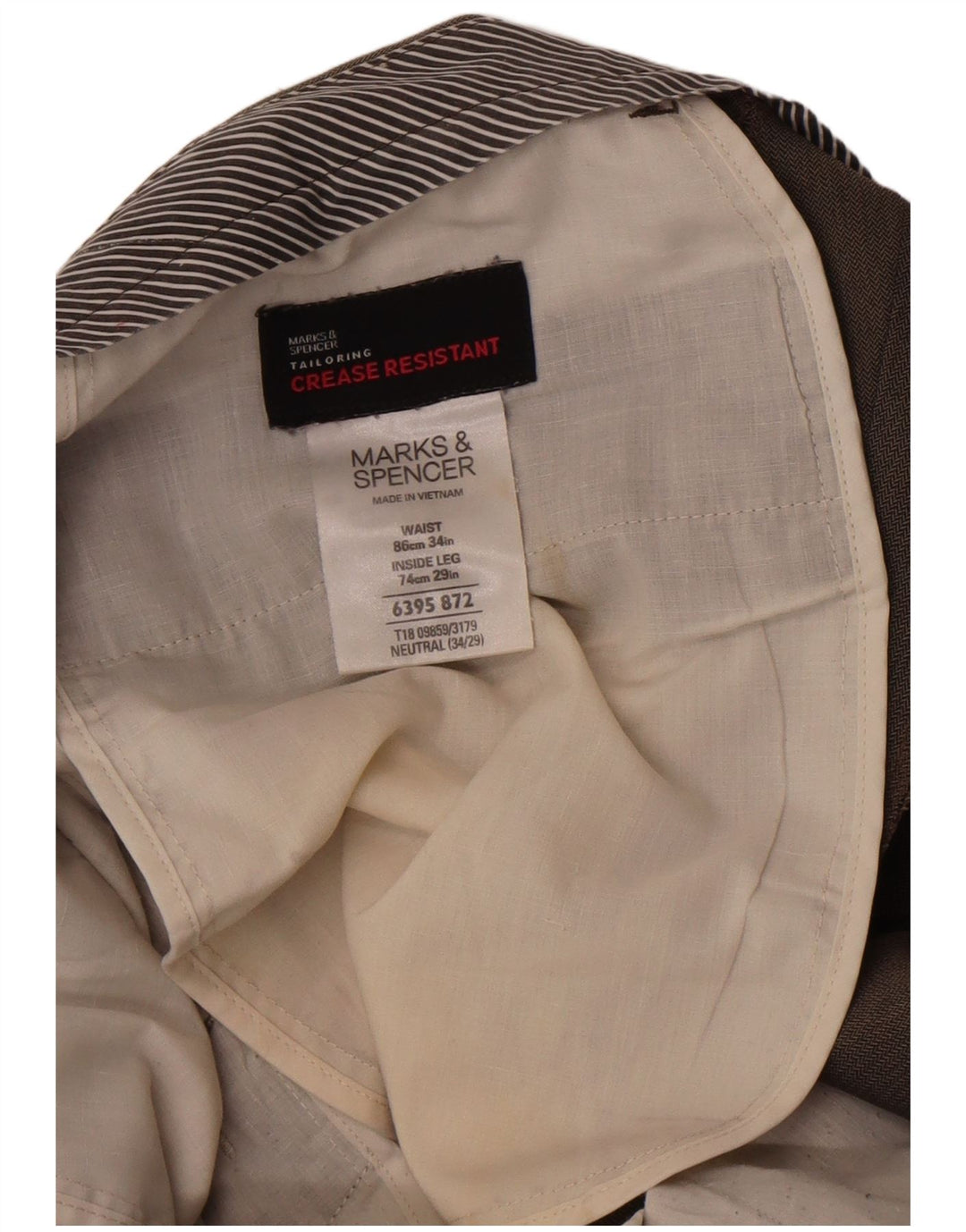 Calça masculina de terno reto Marks & Spencer W34 L29 espinha de peixe marrom