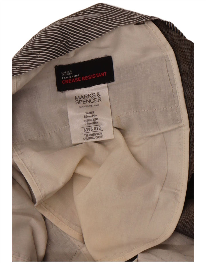 Calça masculina de terno reto Marks & Spencer W34 L29 espinha de peixe marrom