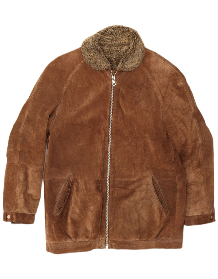 Jaqueta masculina vintage de camurça shearling Reino Unido 38 couro marrom médio