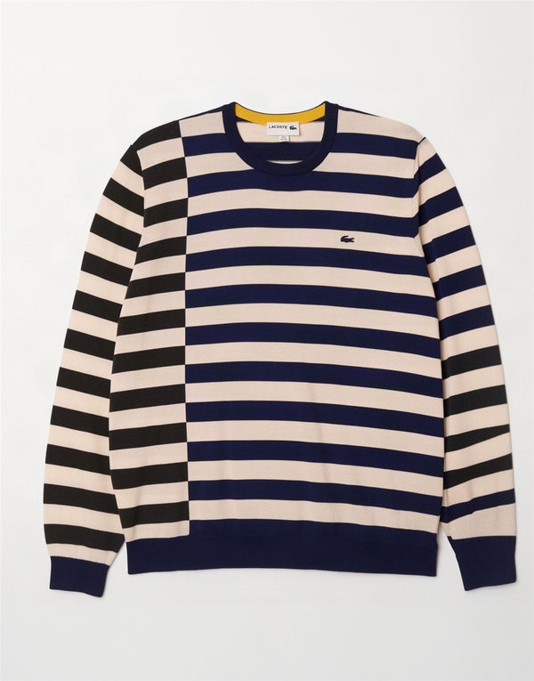 Suéter masculino Lacoste com gola redonda tamanho 8 3XL algodão listrado azul marinho