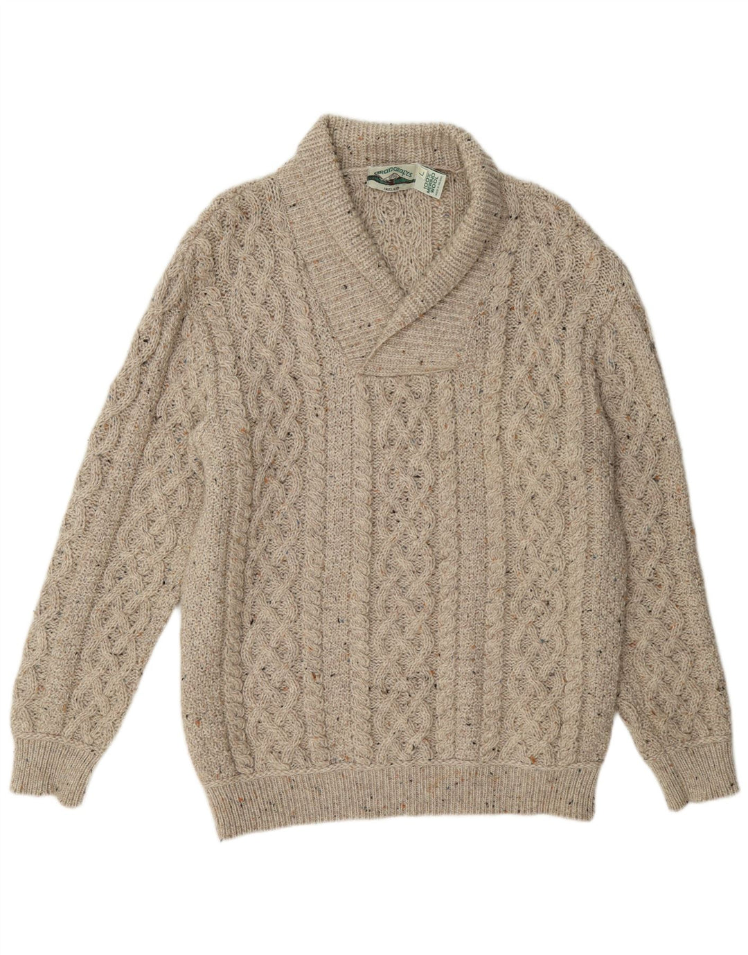 Suéter masculino Aran Crafts com gola xale e lã manchada bege grande
