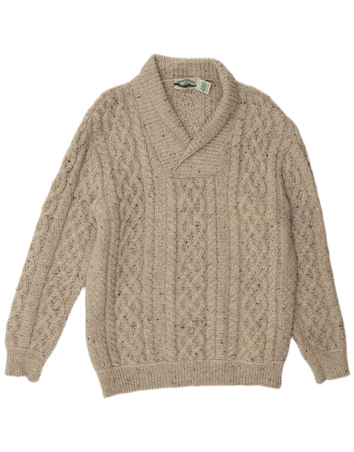 Suéter masculino Aran Crafts com gola xale e lã manchada bege grande
