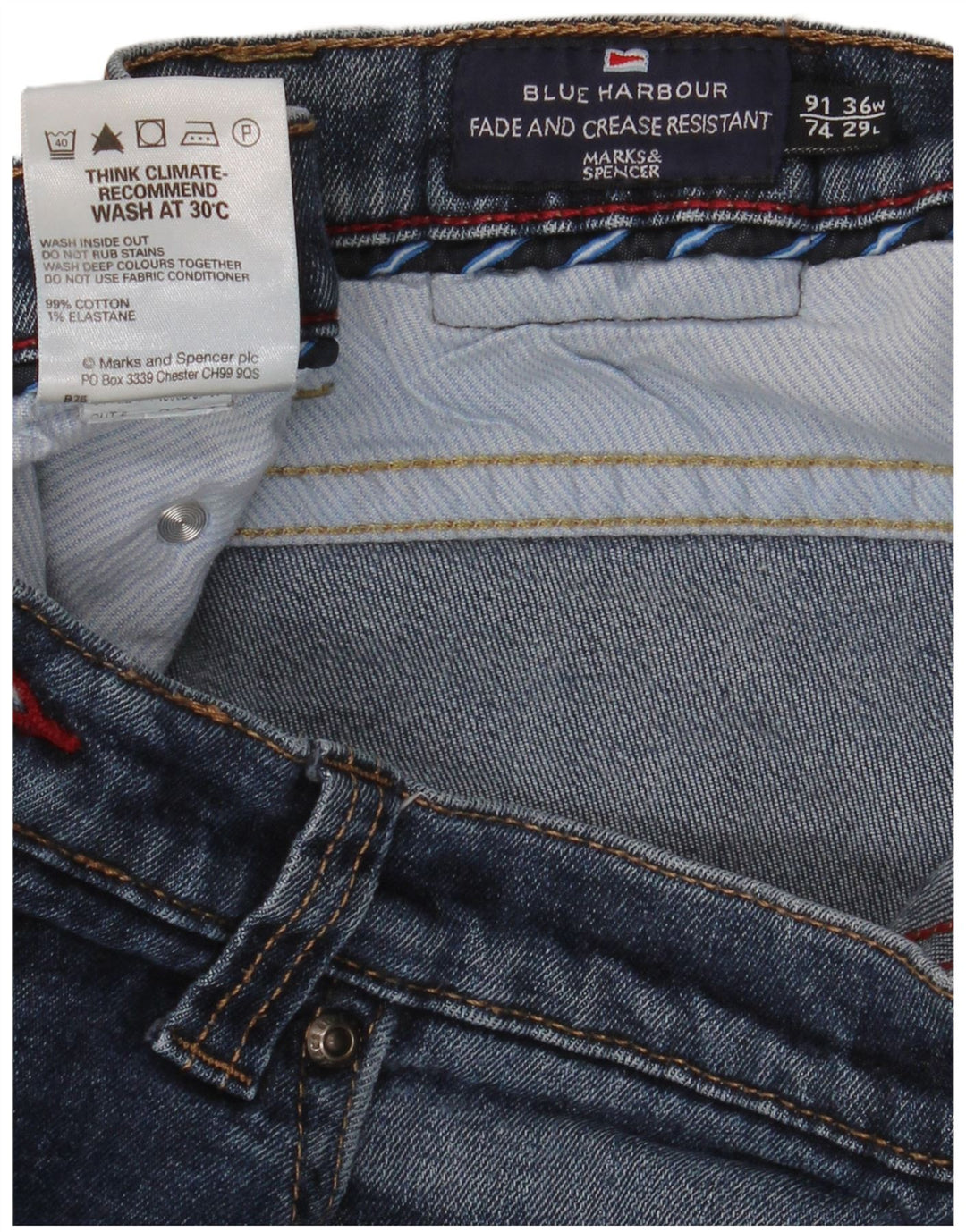 Calça jeans reta masculina Marks & Spencer Blue Harbor W36 L29 algodão azul