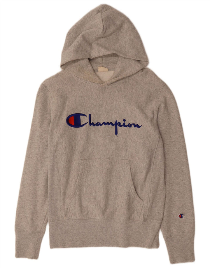 CHAMPION Suéter masculino com capuz gráfico cinza médio algodão