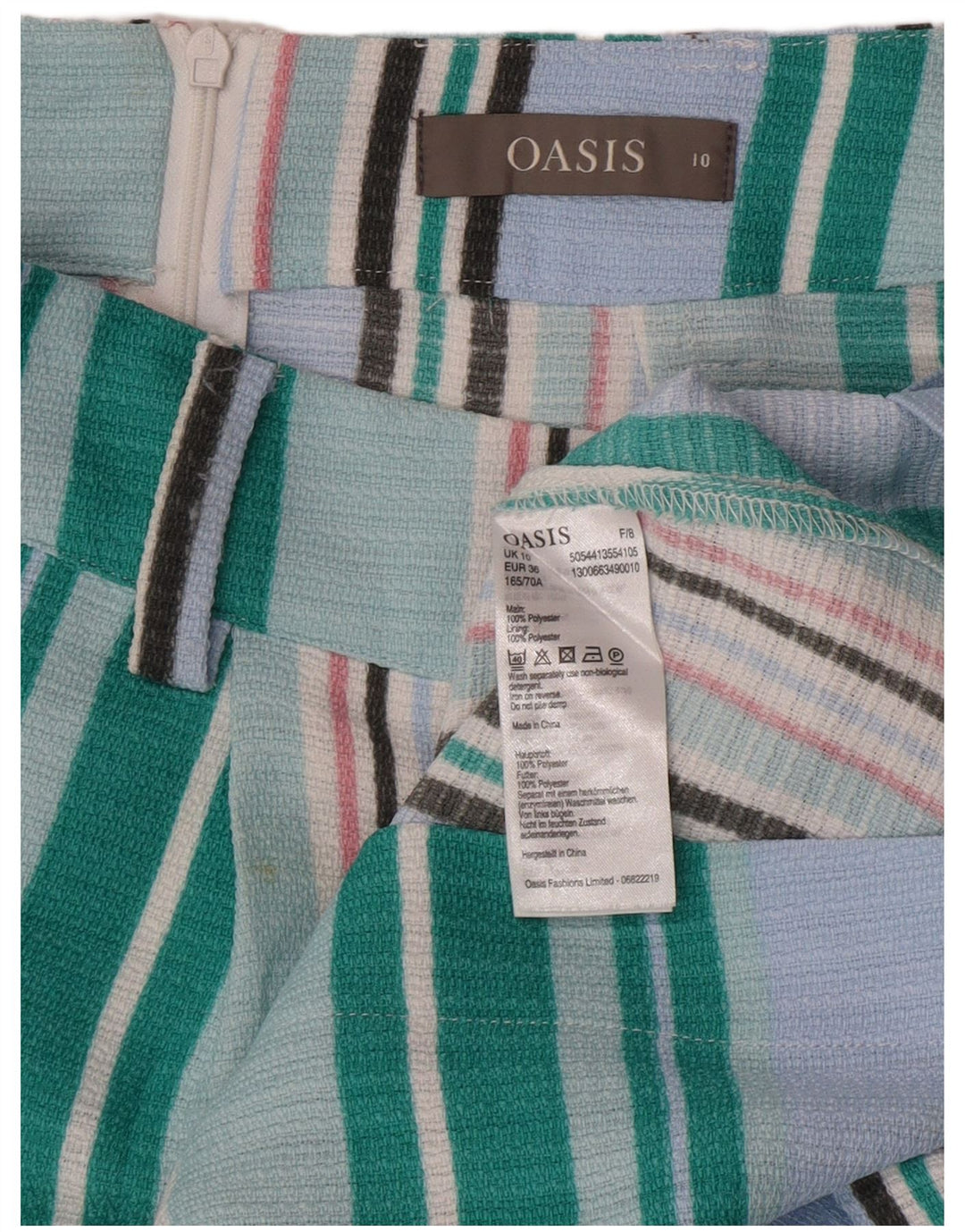Saia feminina Oasis A-Line UK 10 pequena W27 poliéster listrado azul