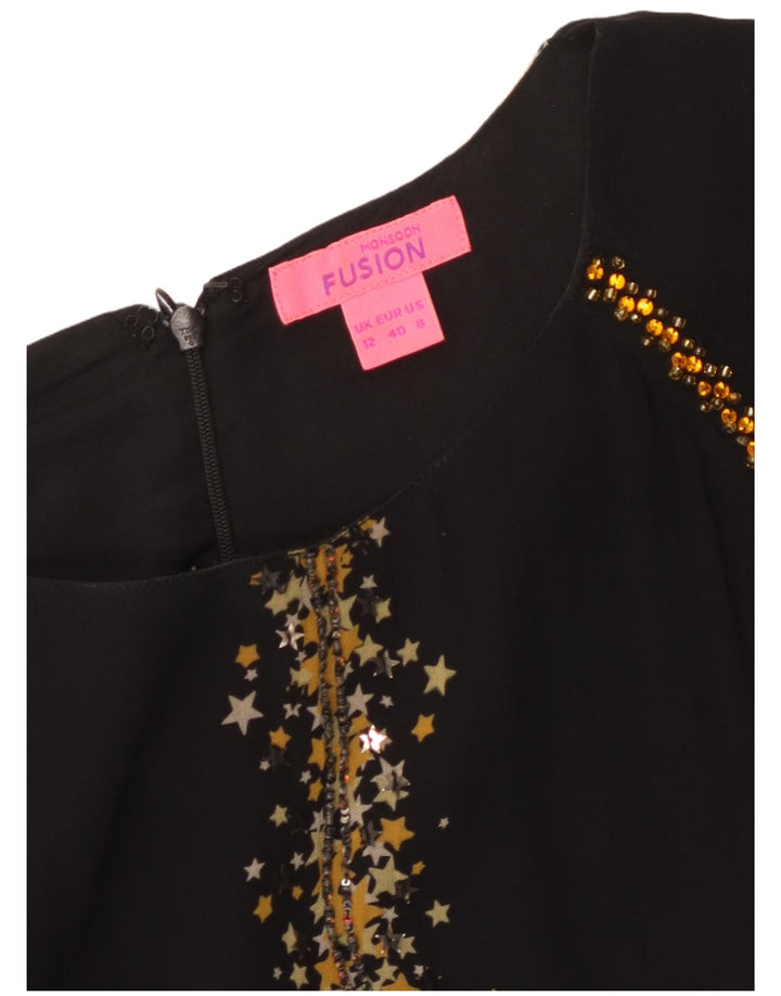 Vestido feminino MONSOON com padrão abstrato manga 3/4 linha A Reino Unido 12 médio preto