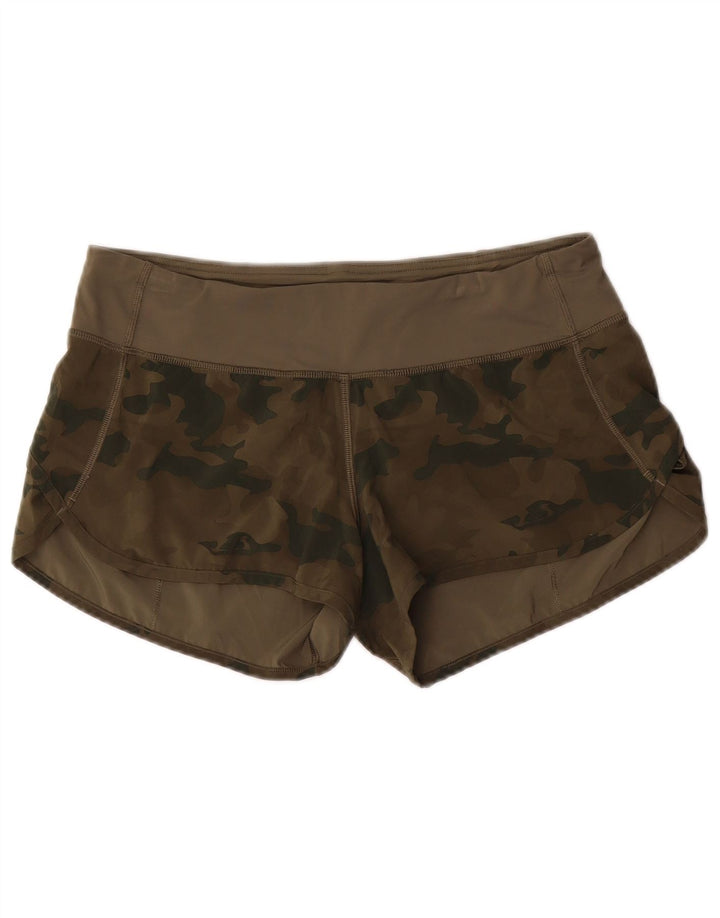 LULULEMON Shorts esportivos femininos UK 8 pequeno poliéster camuflado cáqui
