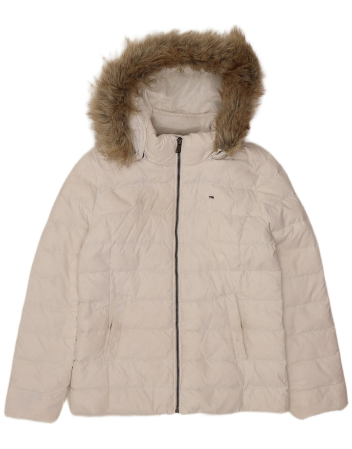 Jaqueta acolchoada com capuz feminina Tommy Hilfiger Reino Unido 16 grande poliéster branco