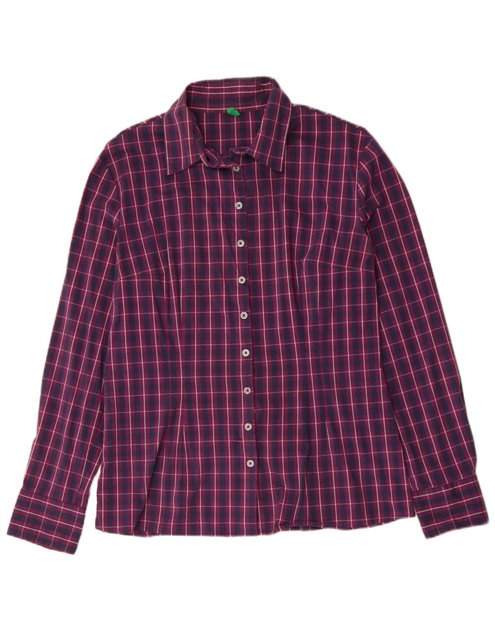 Camisa feminina BENETTON UK 16 grande algodão xadrez roxo