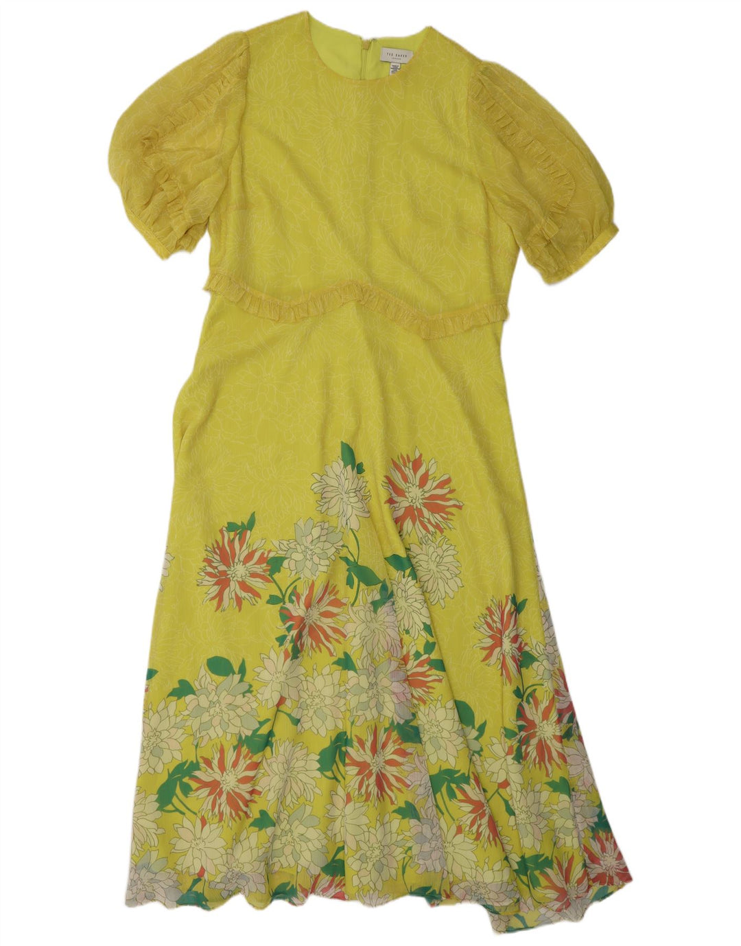 Vestido feminino TED BAKER com babados evasê tamanho 4 grande amarelo floral poliéster