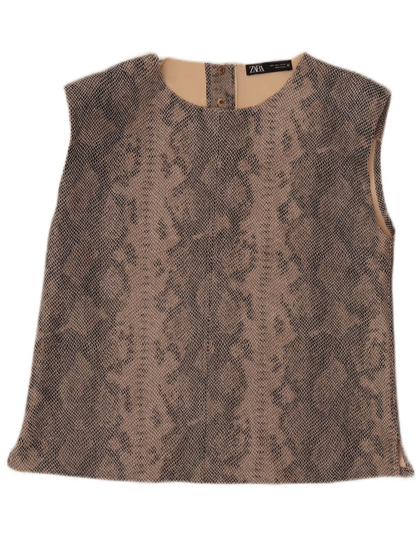 Zara Womens Sleeveless Blouse Top UK 16 Large Beige Animal Print Cotton