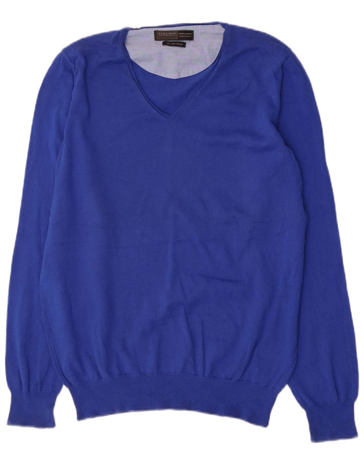 Zara Suéter masculino com gola V e algodão azul médio