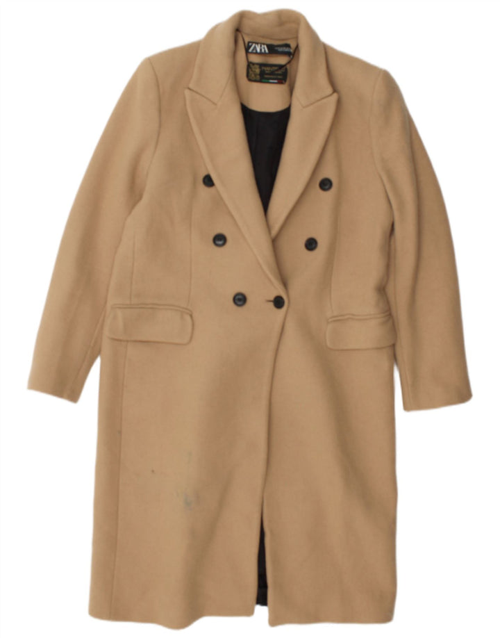 Casaco feminino Zara com peito duplo UK 14 poliéster bege médio