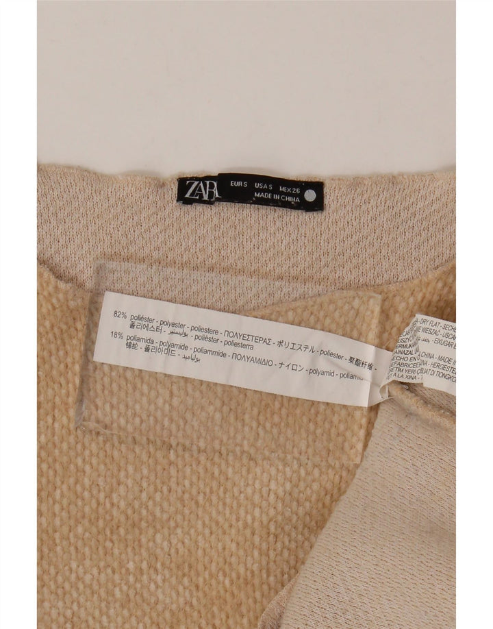 Zara Crop Top Feminino Manga Longa UK 10 Pequeno Poliéster Bege