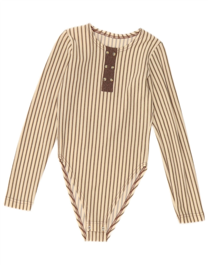 Body feminino vintage UK 8 pequeno listrado bege