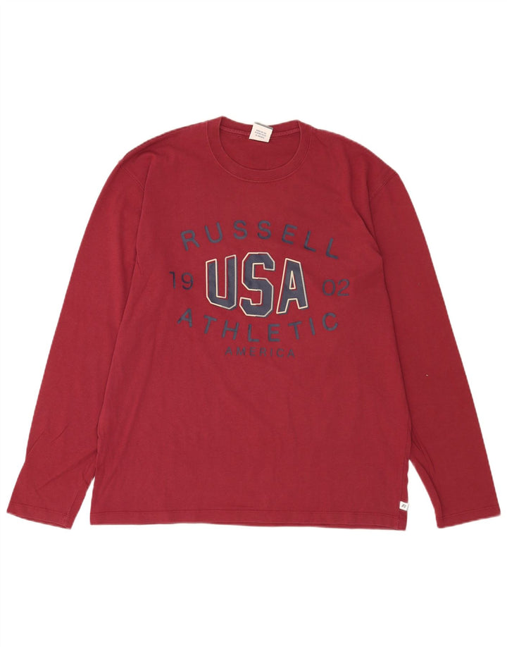 Russell Athletic Mens Graphic Top Manga Longa Grande Algodão Vermelho