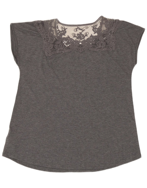 Blusa feminina Marks & Spencer Reino Unido 14 grande poliéster floral cinza